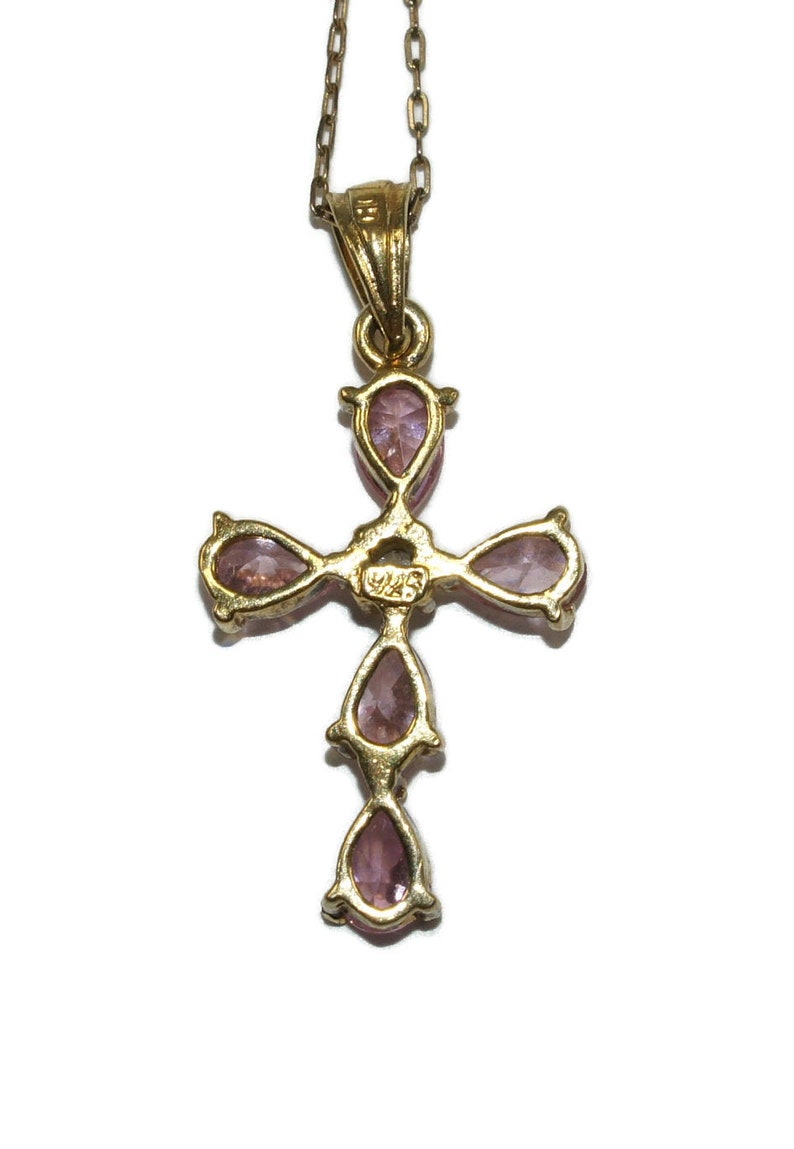 Marked 925. Vintage Gold Plated Sterling Silver and Pink and Clear Topaz Cross Pendant on Fine 18 Inch Rolo Chain