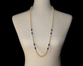 Vintage Donald Stannard Gold Tone, Faux Pearl, Lapis, Frosted Glass and Rhinestones 33 Inch Beaded Necklace with Slide Lock Clasp.