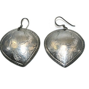 Vintage Hand Stamped Silver Dangle Teardrop Earrings with Hook Backs for Pierced Ears.