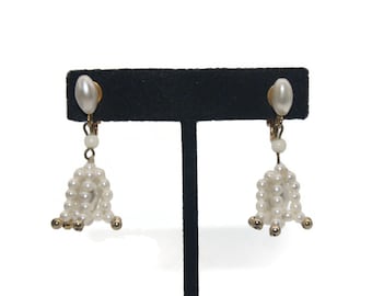 Vintage Gold Tone and Faux Pearls Dangle Clip on Earrings.