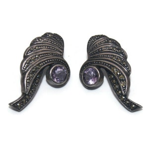 Vintage Sterling Silver, Marcasite and Amethyst Stud Earrings with Post Backs for Pierced Ears.