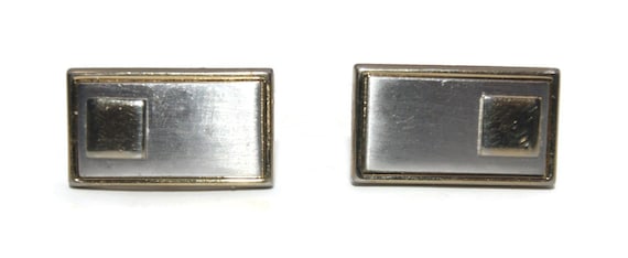 Paire De Boutons De Manchette Vintage - Rectangle Gris Incrusté Sur Laiton Doré - Bon état