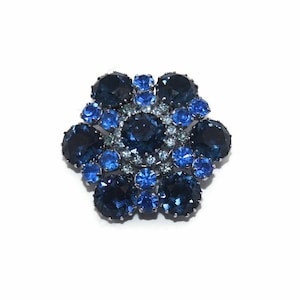 Vintage Silver Tone and Shades of Blue Austrian Crystals Domed Brooch. Made in Austria Hallmark.