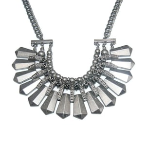Vintage M and S Silver Tone with Gray Rhinestones 18 Inch Bib Necklace with Lobster Claw Clasp. M&S Hallmark Tag.