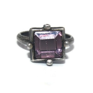 Vintage Silver Tone and Square Purple Rhinestone US Size 5 Statement Ring.