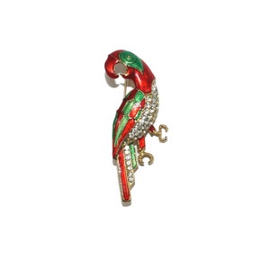 Gorgeous Vintage Gold Tone, Rhinestones with Red and Green Enamel Parrot Brooch.