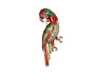 Vintage Gold Tone, Rhinestones with Red and Green Enamel Parrot Brooch.