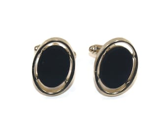 Vintage Oval Gold Ton und schwarz Kunststoff Manschettenknöpfe.