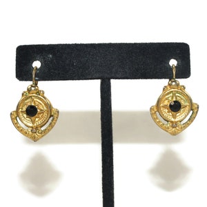 Vintage Gold Tone and Faux Onyx Compass and Anchor Nautical Dangle Earrings with Latch Backs for Pierced Ears.