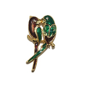 Vintage Gold Tone, Rhinestones with Red and Green Enamel Kissing Parrots Brooch.
