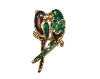 Vintage Gold Tone, Rhinestones with Red and Green Enamel Kissing Parrots Brooch.