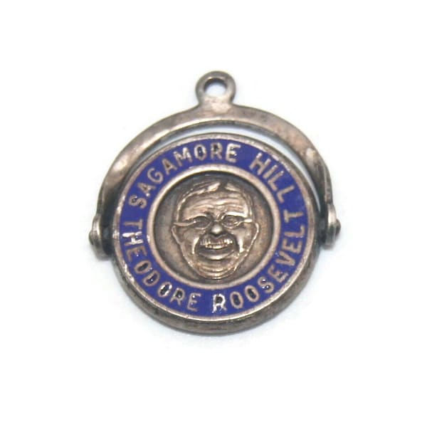 Vintage Sterling Silver and Blue Enamel Sagamore Hill Theodore Roosevelt Charm. Marked Sterling.