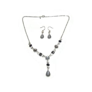 Vintage Avon Silver Tone, Faux Hematite with Blue and Clear Rhinestones 16 Inch Y Necklace with Matching Hook Back Dangle Earrings.