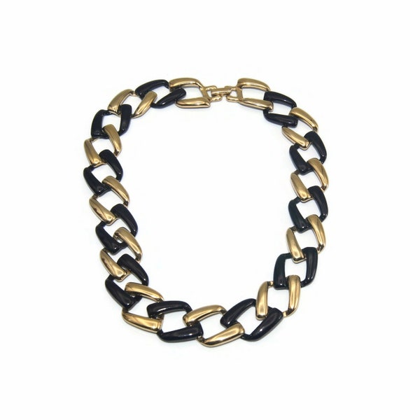 Vintage Gold Tone and Black Enamel 17 Inch Link Necklace with Hinged Clip Clasp.