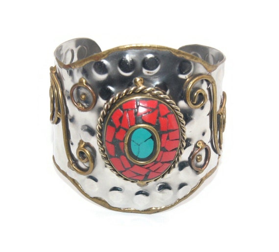 Mosaic Coral Vintage Sterling Silver Southwest Bracelet Cuff Mosaic Coral Vintage Sterling Silver Southwest Bracelet Cuff