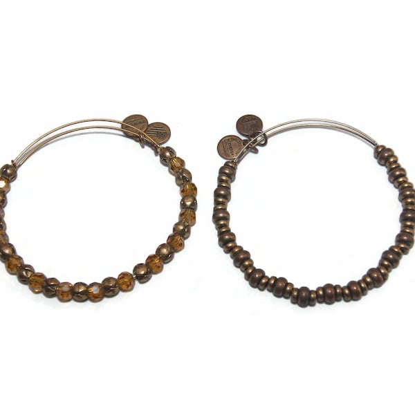 Pair of Vintage Alex and Ani Gold Tone and Orange Beaded 7 Inch Adjustable Bangle Bracelets. Alex and Ani Hallmark Tags.