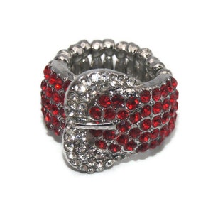 Vintage Silber Ton mit klaren und roten Strasssteine Schnalle Größe 6 Statement Ring.