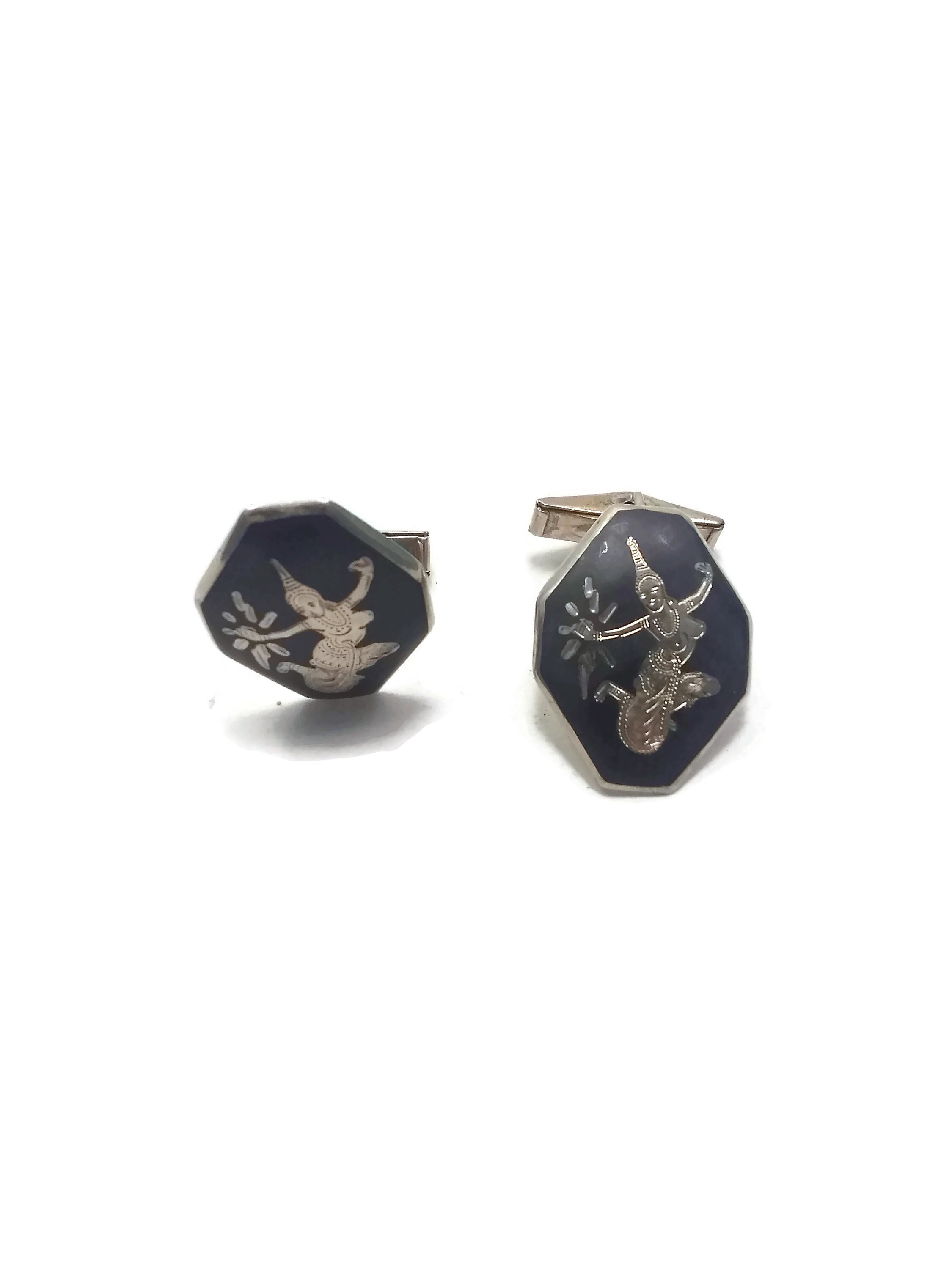 Boutons De Manchette Vintage Argent 925 Siam - Décor Déesse De La Foudre Mekkala