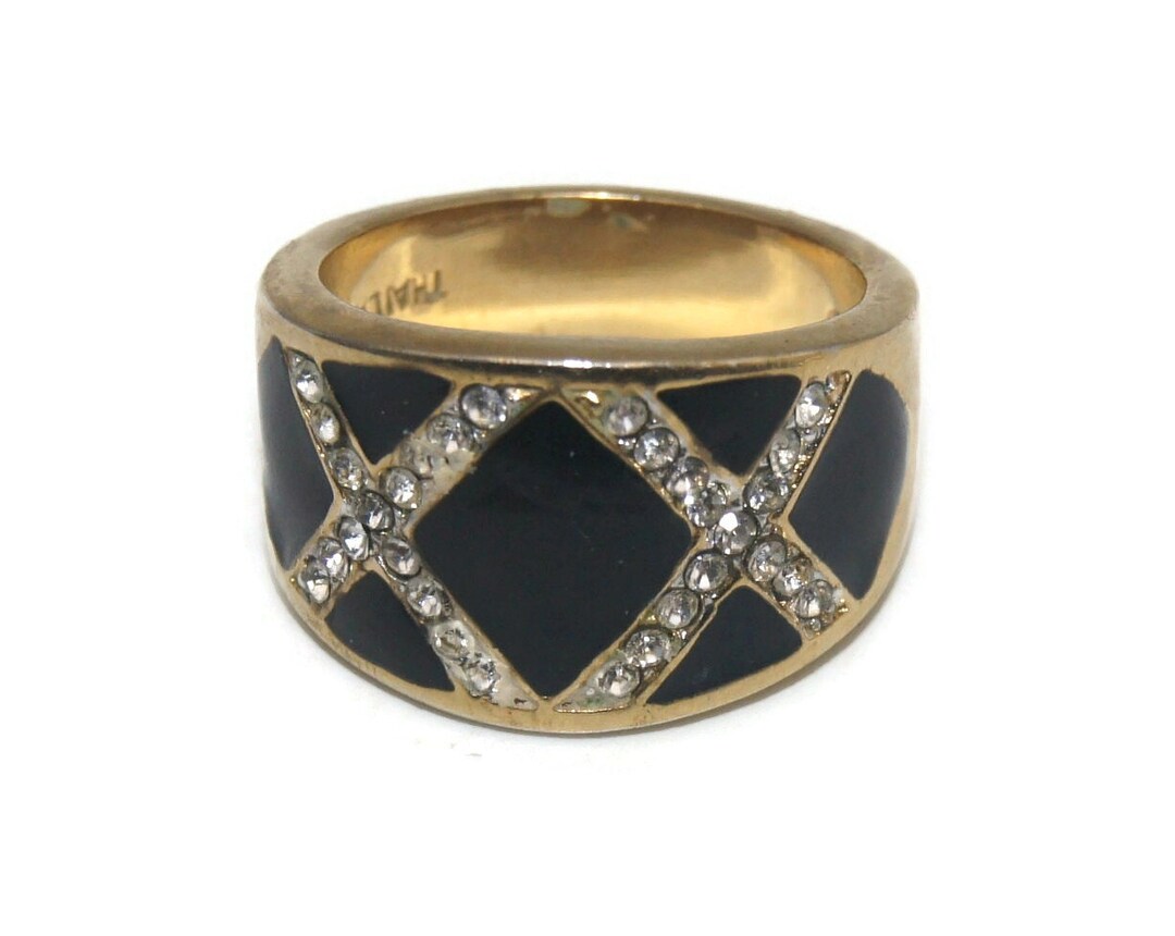 Vintage Edco Gold Tone, Black Enamel and Clear Rhinestones Size 6 ...