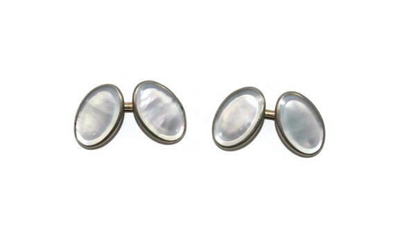Vintage Silver Tone and Mother of Pearl Oval Cuff… - image 1