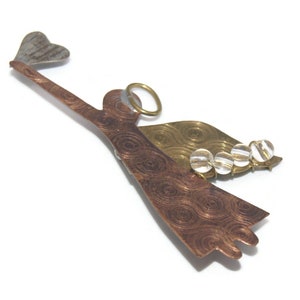 Vintage Copper Brass and Silver Tone with Clear Plastic Beads Angel Brooch.