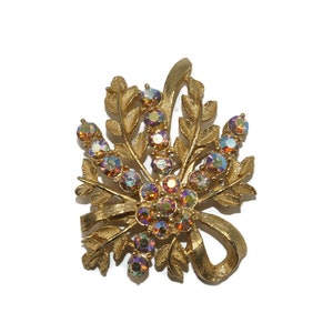 Vintage Gold Tone and AB Rhinestones Floral Design Brooch.