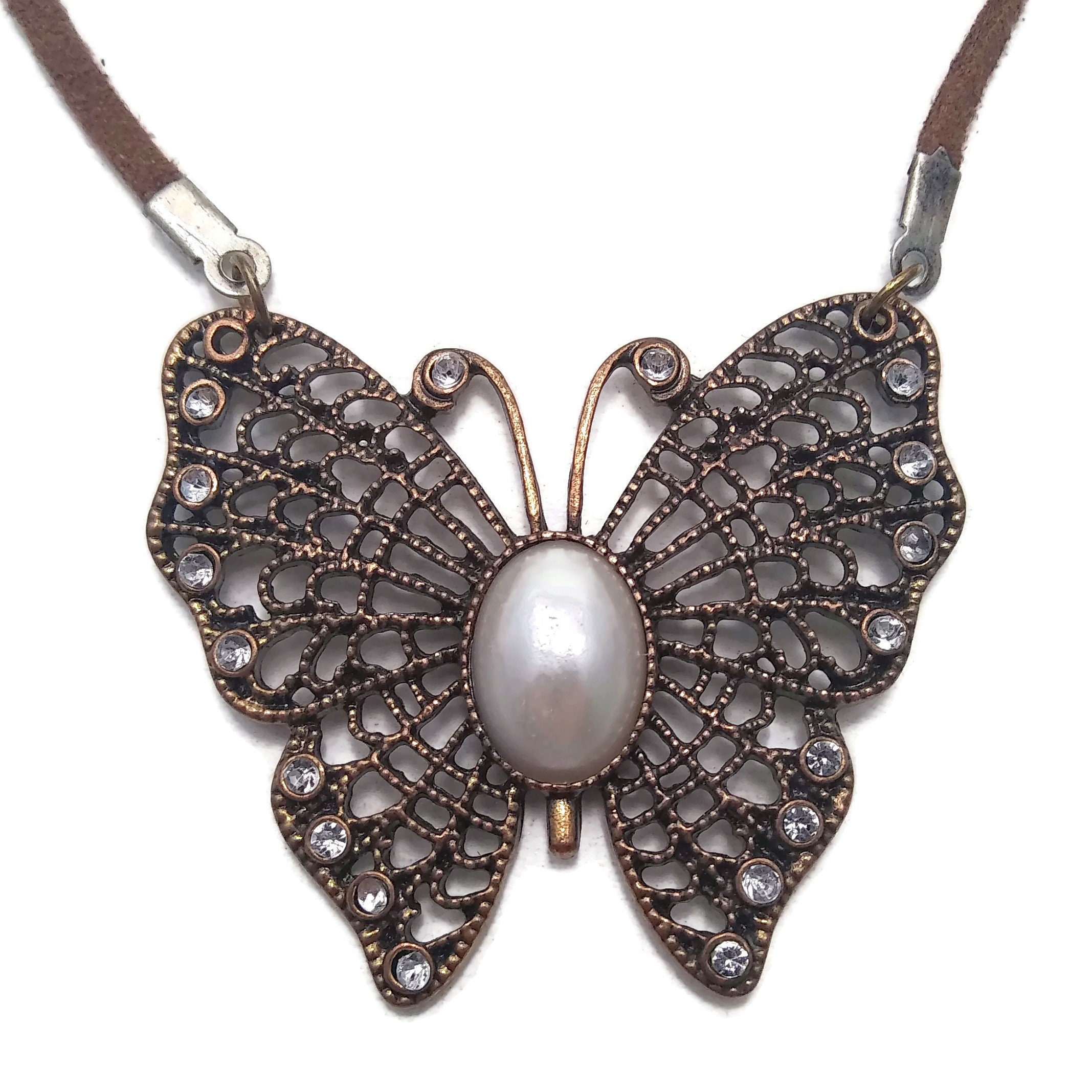 Gold Tone Butterfly Pendant Necklace With Faux Pearl and Etsy UK