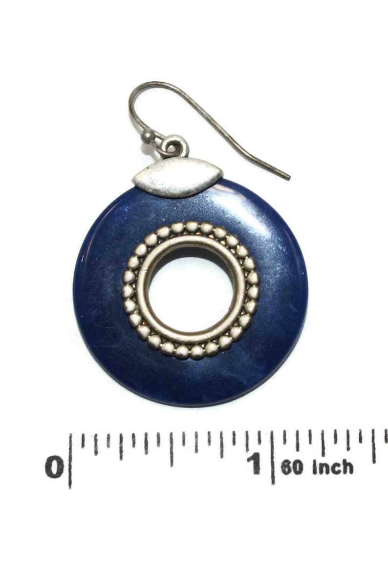 Vintage Silver Tone and Marbled Blue Plastic Circle Earrings with French Ear Wire Backs for Pierced Ears.