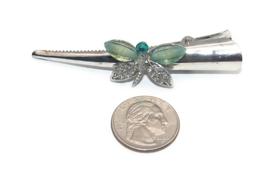 Vintage Silver Tone, Green Plastic and Green Rhin… - image 3