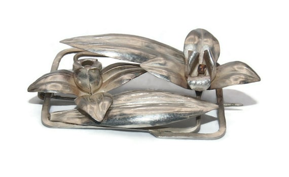 Vintage Sterling Silver 3D Rectangular Floral Bro… - image 2