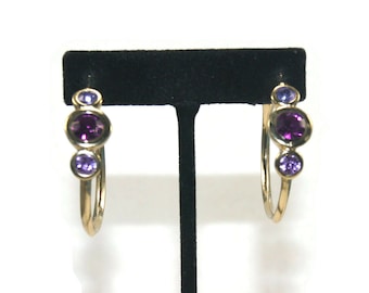 Vintage Gold Tone and Purple Rhinestones Hoop Earrings with Lever Backs for Pierced Ears.