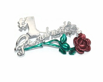 Vintage Silver Tone, Green and Red Enamel "#1 Grandmother" en Red Rose Broche.
