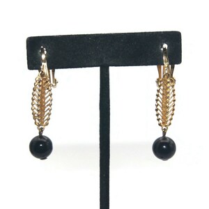 Vintage Gold Tone and Black Plastic Beads Dangle Clip on Earrings.