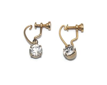 Vintage Gold Tone et Clear Rhinestones Dangle Screw Back Boucles d’oreilles.