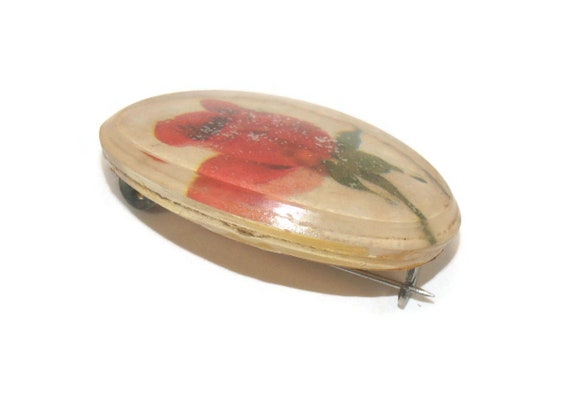 Vintage Red Rose in Clear Resin Oval Brooch. - image 4