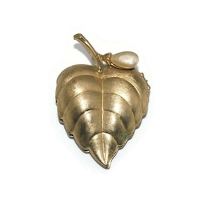 Vintage Avon Gold Tone Leaf Perfume Brooch Locket with Faux Pearl. Avon Hallmark.