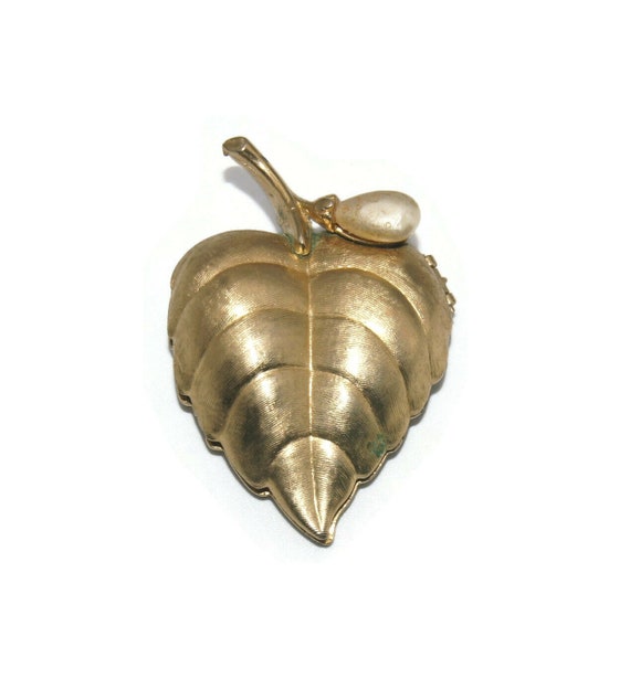 Vintage Avon Gold Tone Leaf Perfume Brooch Locket wit… Gem