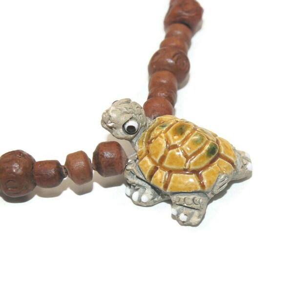 Vintage Ceramic Turtle Pendant on 18 Inch Wooden Bead Chain with Screw Clasp.