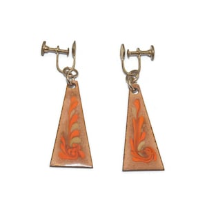 Vintage Gold Tone and Orange Lacquered Floral Design Dangle Screw Back Earrings.