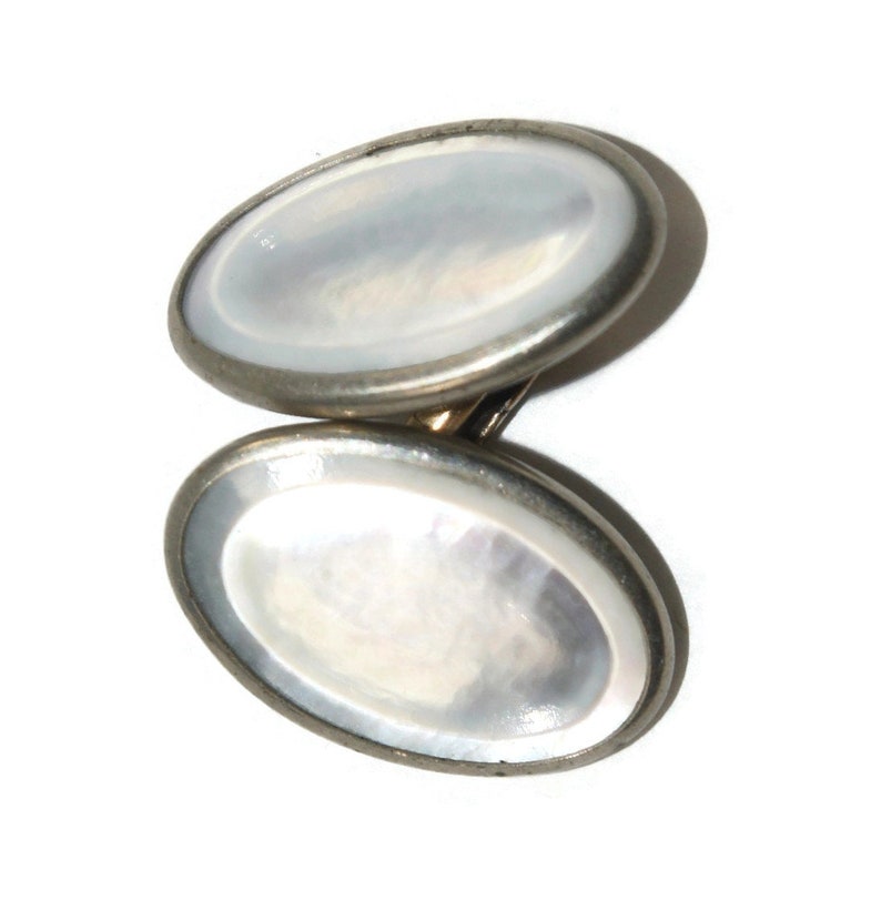 Vintage Silver Tone and Mother of Pearl Oval Cuff Links. image 2