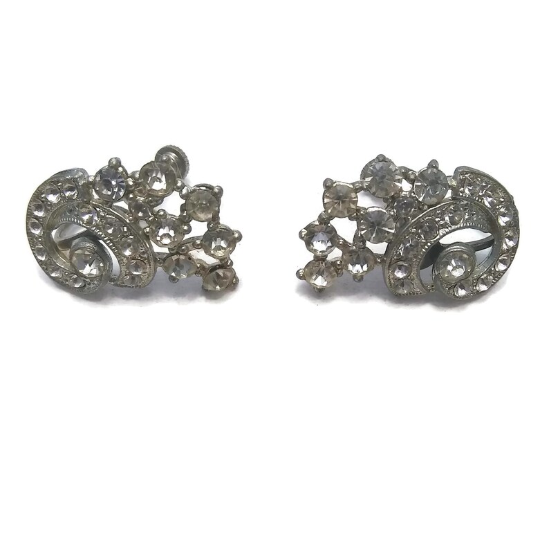 Delicate Milgrain Design 1940s-1950s Vintage Art Deco Silver Tone and Rhinestones Ear Climber Screw Back Earrings Formal. Bridal Wedding