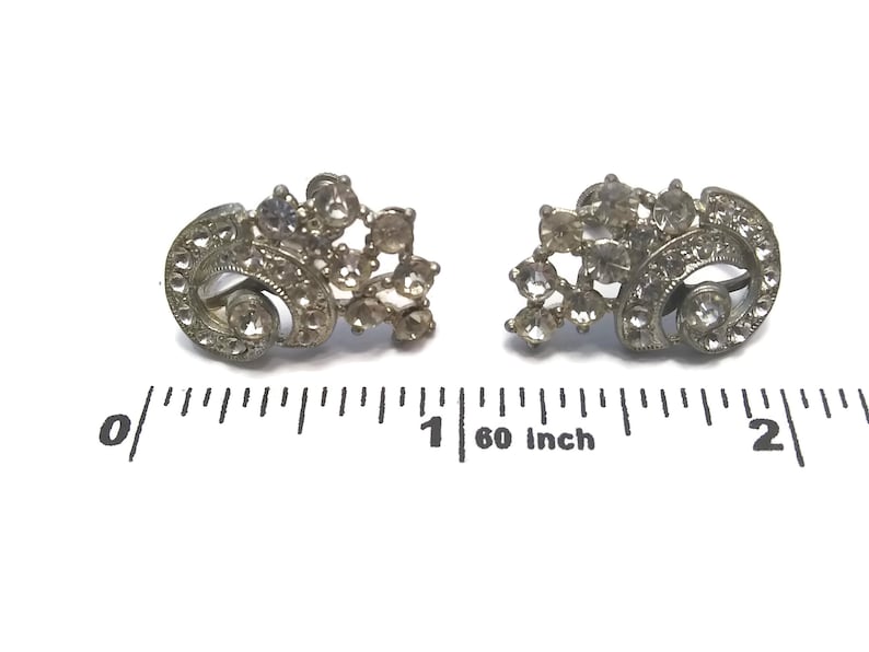 Delicate Milgrain Design 1940s-1950s Vintage Art Deco Silver Tone and Rhinestones Ear Climber Screw Back Earrings Formal. Bridal Wedding