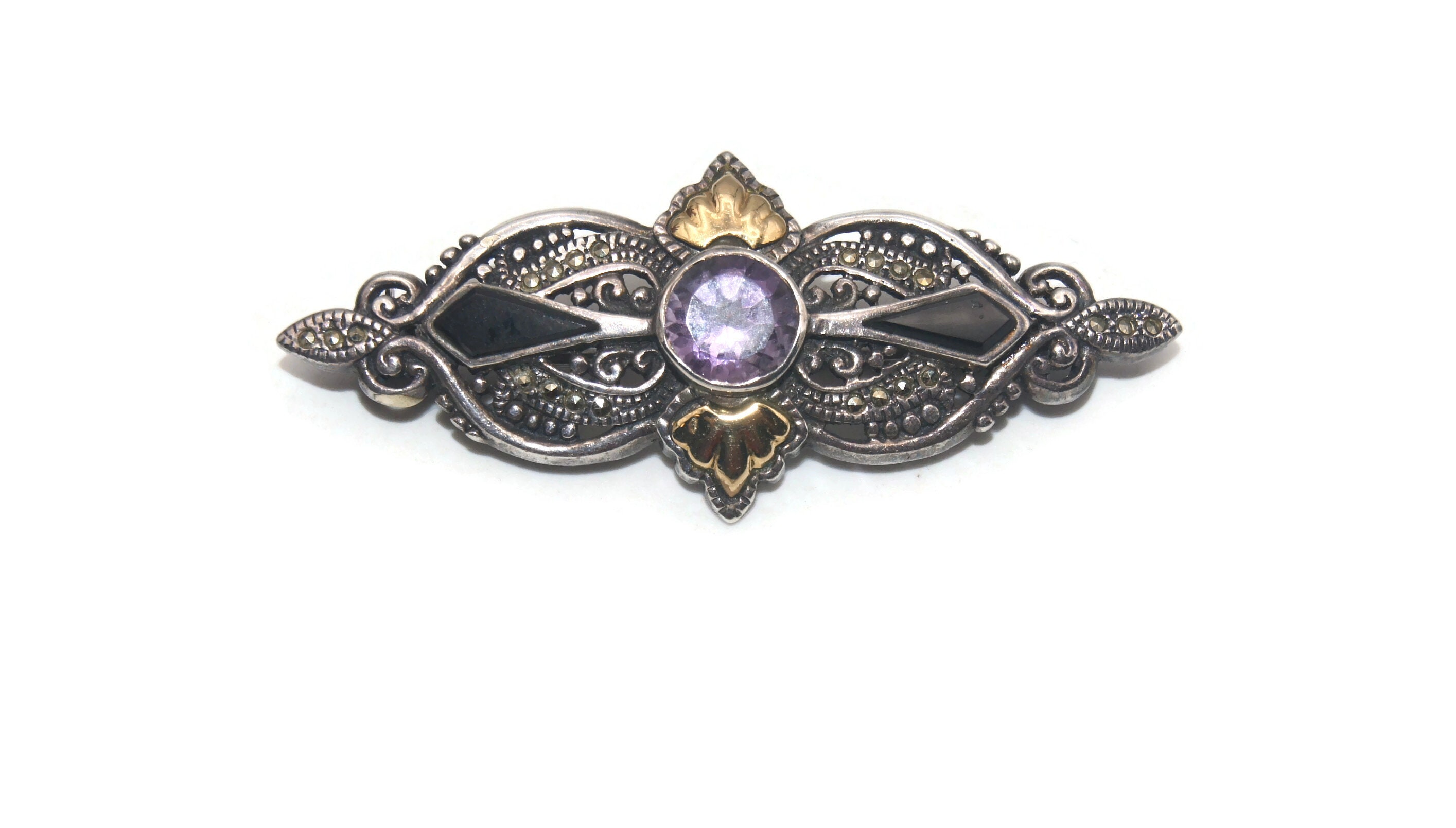 Vintage Sterling Silver, Gold, Amethyst, Marcasite and Onyx  display picture 1