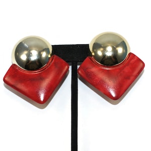 Vintage Gold Tone and Red Plastic Stud Earrings with Post Backs for Pierced Ears.