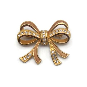 Vintage Gold Tone Bow Brooch with Golden Enamel and Clear Rhinestones, Large Brooch, Bow Brooch, Gift for Her.