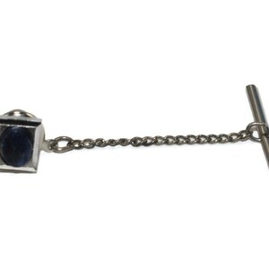 Vintage Swank Silver Tone and Oval Blue Plastic Rectangular Tie Tack with Chain. Swank Hallmark.