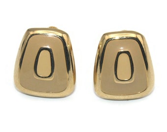 Vintage Napier Gold Tone and Cream Enamel Screw Back Clip on Earrings. Napier Hallmark.