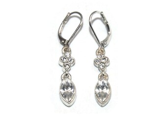 Vintage Silver Tone and Clear Rhinestones Dangle Earrings with Latch Backs for Pierced Ears.