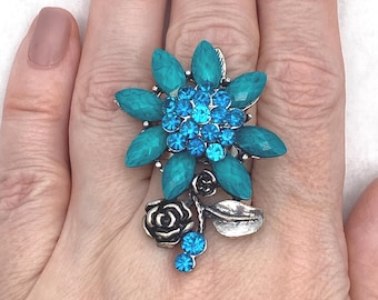 Vintage Silver Tone, Blue-Green Acrylic and Rhinestone Floral Size 8 Ring.