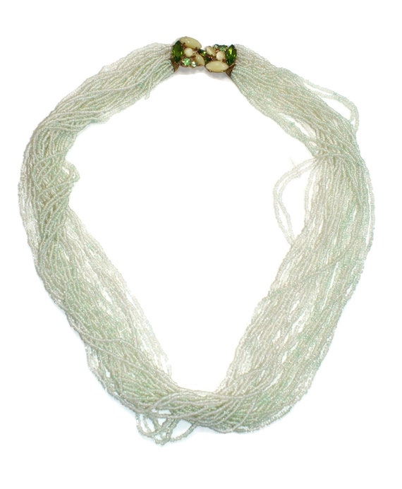 Vintage 24 Strand Pale Green Beaded Necklace with… - image 1